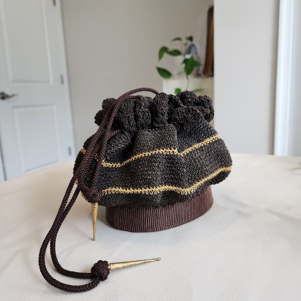 Vintage Knitted Gold / Brown Art Deco Wristlet Bucket Evening Bag 40s